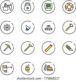 line vector icon set - passport control vector, weight, atm, lifebuoy, gear, satellite antenna, conveyor, sledgehammer, axe, mason hammer, ruler, work knife, laser lever, allen key set