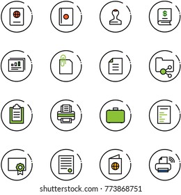 line vector icon set - passport vector, stamp, annual report, statistics, attachment, document, shared folder, clipboard, printer, case, certificate, agreement, wireless