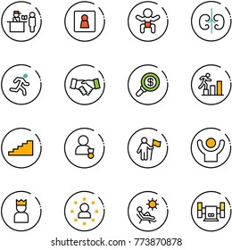 line vector icon set - passport control vector, female wc, baby, kidneys, run, agreement, search money, career, stairs, winner, win, success, king, star man, beach, sharpening