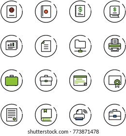 line vector icon set - passport vector, annual report, statistics, document, network folder, printer, case, portfolio, schedule, certificate, agreement, book, wireless