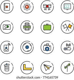 line vector icon set - passport vector, sun, bow, diagnostic monitor, credit card, printer, case, flags cross, identity, cd, camera, wi fi router, trash bin, corner ruler, paper plane, toy windmill