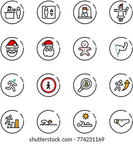 line vector icon set - passport control vector, elevator, officer window, santa claus, cake man, power hand, run, no pedestrian road sign, head hunter, career, swimming, reading, swimsuit