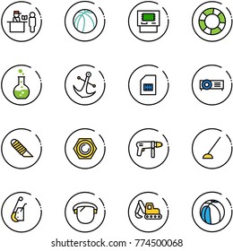 line vector icon set - passport control vector, basketball ball, atm, lifebuoy, round flask, anchor, sim, projector, work knife, nut, drill machine, hoe, winch, protect glass, excavator toy