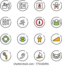 line vector icon set - passport control vector, elevator, female wc, baby, ski, run, no pedestrian road sign, group, friends, success, stairs, world, flying man, windsurfing, sharpening