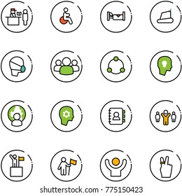 line vector icon set - passport control vector, disabled, hotel, treadmill, medical mask, group, community, head bulb, man globe, brain work, contact book, team leader, win, success, victory