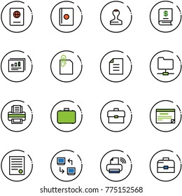 line vector icon set - passport vector, stamp, annual report, statistics, attachment, document, network folder, printer, case, portfolio, schedule, agreement, data exchange, wireless