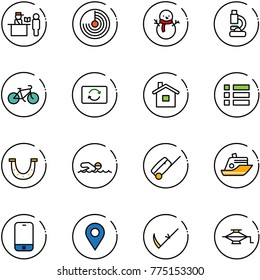 line vector icon set - passport control vector, radar, snowman, lab, bike, card exchange, home, menu, luck, swimming, suitcase, cruiser, mobile phone, navigation pin, scythe, jack