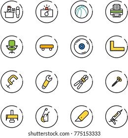 line vector icon set - passport control vector, terrorism, basketball ball, printer, office chair, skateboard, cd, corner ruler, clamp, wrench, bolt cutter, screw, milling, winch, work knife