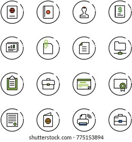 line vector icon set - passport vector, stamp, annual report, statistics, attachment, document, network folder, clipboard, portfolio, schedule, certificate, agreement, printer wireless, case