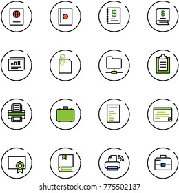 line vector icon set - passport vector, annual report, statistics, attachment, network folder, clipboard, printer, case, document, schedule, certificate, book, wireless