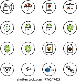 line vector icon set - passport control vector, insurance, identity, safe, locked, unlocked, shield, check, cross, certificate, surveillance camera, wireless key, link
