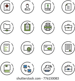 line vector icon set - passport vector, stamp, annual report, document, network folder, clipboard, printer, portfolio, certificate, envelope, agreement, book, data exchange, wireless, case