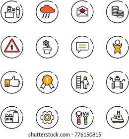 line vector icon set - passport control vector, storm, star letter, coin, intersection road sign, flower pot, chat, success, finger up, gold medal, opportunity, robot, plant, gear, shovel fork toy