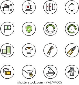 line vector icon set - passport control vector, tea, ski, cent, dollar flag, shield check, refresh, clock around, building, t shirt, plumber, pliers, machine tool, wheelbarrow, sailboat toy, robot