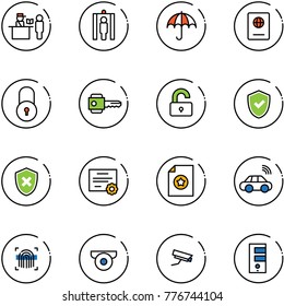 line vector icon set - passport control vector, metal detector gate, insurance, lock, key, unlocked, shield check, cross, certificate, car wireless, fingerprint scanner, surveillance camera, server