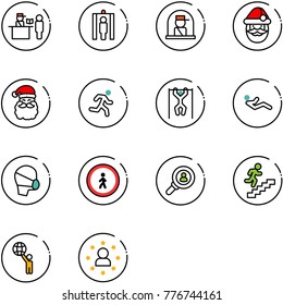 line vector icon set - passport control vector, metal detector gate, officer window, santa claus, run, pull ups, abdominal muscles, medical mask, no pedestrian road sign, head hunter, career, world