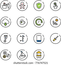 line vector icon set - passport control vector, cake man, shield check, flower pot, download cloud, hot tea, clock around, beach, piston, bezier, mobile phone, clinch, rivet, sailboat toy