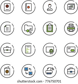 line vector icon set - passport vector, stamp, statistics report, document, shared folder, clipboard, printer, portfolio, certificate, envelope, data exchange, wireless, case