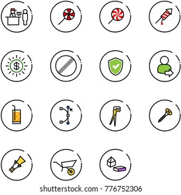 line vector icon set - passport control vector, lollipop, firework rocket, dollar sun, no limit road sign, shield check, user login, drink, bezier, plumber, screw, dowel, wheelbarrow