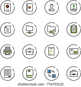 line vector icon set - passport vector, stamp, annual report, document, network folder, shared, clipboard, printer, portfolio, envelope, agreement, book, data exchange, case