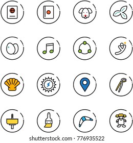 line vector icon set - passport vector, dog, three leafs, eggs, music, community, flying man, shell, sun power, navigation pin, plumber, crown drill, brush, boomerang, doll