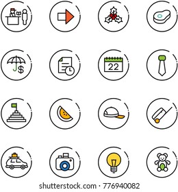line vector icon set - passport control vector, right arrow, holly, meat, insurance, history, calendar, tie, pyramid flag, watermelone, cap, suitcase, car baggage, camera, bulb, bear toy