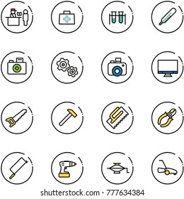 line vector icon set - passport control vector, doctor bag, vial, thermometer, camera, gears, monitor, saw, hammer, trowel, side cutters, metal hacksaw, drill, jack, lawn mower