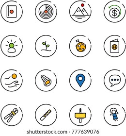 line vector icon set - passport vector, radar, mountains, money back, idea, sproute, moon flag, waves, shell, navigation pin, chat, bolt cutter, drill, crown, doll