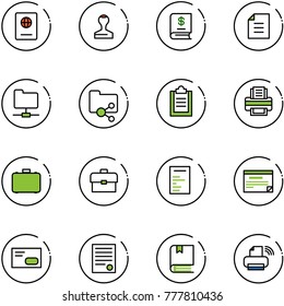 line vector icon set - passport vector, stamp, annual report, document, network folder, shared, clipboard, printer, case, portfolio, schedule, envelope, agreement, book, wireless