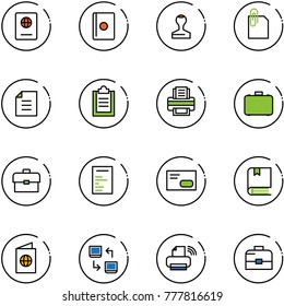 line vector icon set - passport vector, stamp, attachment, document, clipboard, printer, case, portfolio, envelope, book, data exchange, wireless