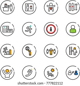 line vector icon set - passport control vector, elevator, baby, ski, hospital building, run, no pedestrian road sign, user, career, world, team leader, opportunity, success, flying man, beach