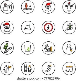 line vector icon set - passport control vector, travolator, santa claus, treadmill, no pedestrian road sign, head hunter, career, garbage, winner, win, opportunity, flying man, swimsuit