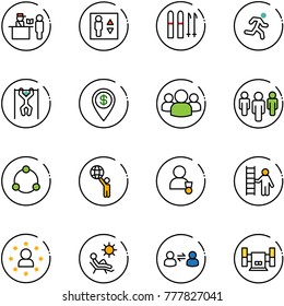 line vector icon set - passport control vector, elevator, ski, run, pull ups, dollar pin, group, community, world, winner, opportunity, star man, beach, information exchange, sharpening