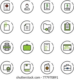 line vector icon set - passport vector, stamp, annual report, attachment, document, shared folder, clipboard, printer, case, schedule, certificate, book
