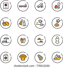 line vector icon set - passport vector, baggage truck, trap, scales, coconut cocktail, flippers, palm, inflatable pool, flip flops, swimsuit, shell, cruiser