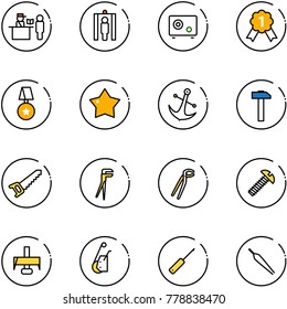 line vector icon set - passport control vector, metal detector gate, safe, gold medal, star, anchor, hammer, saw, plumber, screw, milling cutter, winch, awl, forceps