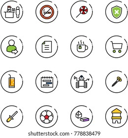 line vector icon set - passport control vector, no smoking sign, lollipop, shield cross, user login, document, hot tea, cart, drink, terms plan, robot, screw, clinch, soccer ball, constructor blocks