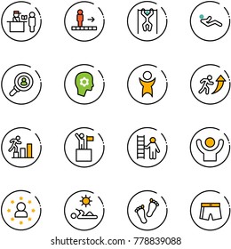 line vector icon set - passport control vector, travolator, pull ups, abdominal muscles, head hunter, brain work, success, career, win, opportunity, star man, reading, feet, swimsuit
