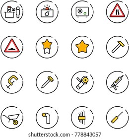 line vector icon set - passport control vector, terrorism, safe, Road narrows sign, artificial unevenness, star medal, hammer, clamp, nail, Angular grinder, gun sealant, wheelbarrow, allen key, set