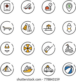 line vector icon set - passport vector, trap truck, baggage scales, dollar pin, lounger, flippers, bungalow, swimsuit, parasol, suitcase, sail boat, tent, cruiser, car, beach ball