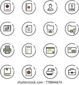 line vector icon set - passport vector, stamp, annual report, statistics, document, network folder, shared, printer, schedule, envelope, book, wireless, case