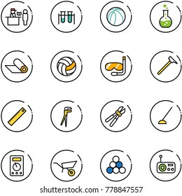line vector icon set - passport control vector, vial, basketball ball, round flask, mat, volleyball, diving, mason hammer, ruler, plumber, bolt cutter, hoe, multimeter, wheelbarrow, billiards balls