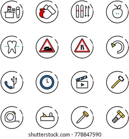 line vector icon set - passport control vector, gloves, ski, apple, tooth, climb road sign, narrows, undo, phone, clock, movie flap, sledgehammer, measuring tape, jointer, nail, bolt