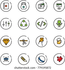 Line Vector Icon Set - Passport Vector, Weight, Credit Card, Tap Pay, Settings, Social, Tag Code, Office Chair, Diamond, Opening, Kite, Beer, Fingerprint Scanner, Work Knife, Ball, Puzzle