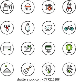 line vector icon set - passport control vector, shower, camera, snowman, holly, drop counter, meat, bike, credit card, tap pay, money tree, pyramid flag, guitar, bear toy