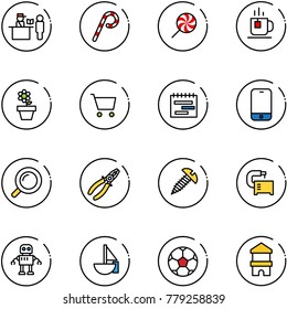 line vector icon set - passport control vector, lollipop, tea, flower pot, cart, terms plan, mobile phone, magnifier, pliers, screw, machine tool, robot, sailboat toy, soccer ball, block house