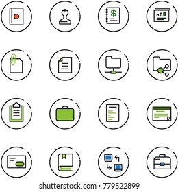 line vector icon set - passport vector, stamp, annual report, statistics, attachment, document, network folder, shared, clipboard, case, schedule, envelope, book, data exchange