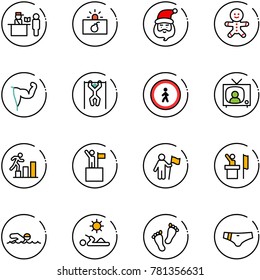 line vector icon set - passport control vector, terrorism, santa claus, cake man, power hand, pull ups, no pedestrian road sign, tv news, career, win, speaker, swimming, reading, feet, swimsuit