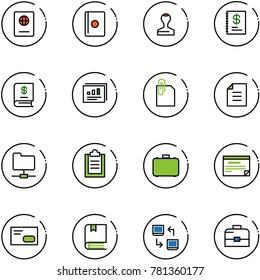 line vector icon set - passport vector, stamp, annual report, statistics, attachment, document, network folder, clipboard, case, schedule, envelope, book, data exchange