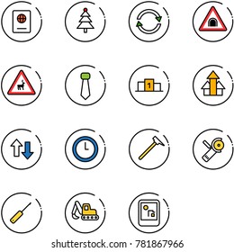 line vector icon set - passport vector, christmas tree, exchange, tunnel road sign, wild animals, tie, pedestal, arrows up, down, clock, mason hammer, Angular grinder, awl, excavator toy